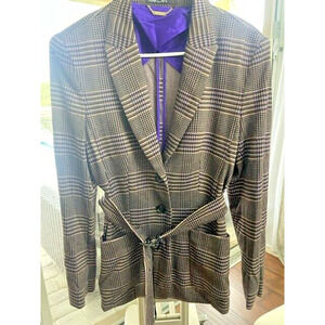 Marc Cain Women’s Plaid Tan Purple Blazer Jacket N4 US Size 10 NWT Retail $790
